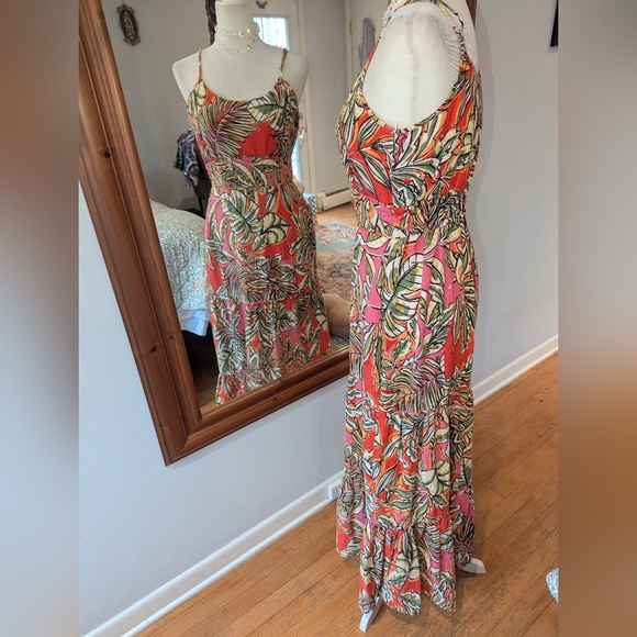 Linen Blend C&C California Coral Tropical Leaf Spaghetti-Strap Maxi Dress - Picture 3 of 8